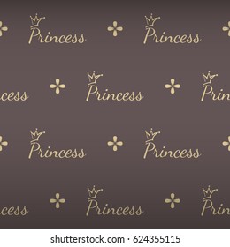 Splendor regal seamless pattern with soft gray princess inscription with crown ornament signs in style of fashion on dust rose brown shaded background with round cross fill out.