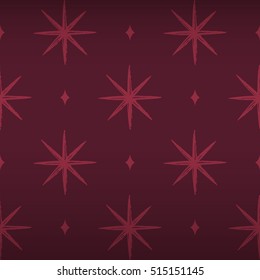 Splendor regal seamless pattern with vine red magic star ornament signs in style of fashion on marsala red shaded background with elegant rhomb fill out. Excellent textile, fabric, paper design.