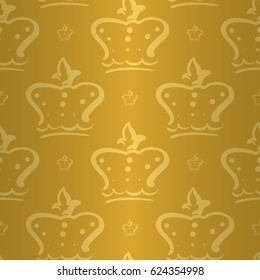 Splendor regal seamless pattern with white gold queen crown ornament signs in style of fashion on golden yellow shining background. Excellent textile, fabric, paper design.