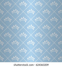 Splendor regal seamless pattern with white princess crown ornament signs in style of fashion on rococo blue shining background with lotus and chain fill out. Design for wallpapers and textile print.