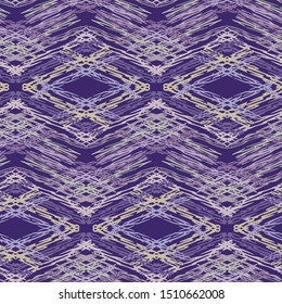 Spliced chevron geometric variegated background. Seamless pattern with woven dye broken stripe. Bright gradient textile blend all over print. Trendy digital disrupted line fashion swatch. Purple hue