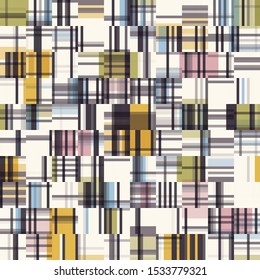 Spliced Plaid Check Grid Variegated Background. Seamless Pattern with Woven Dye Broken Lines. Mid Century Modern Textile All Over Print. Trendy Digital Disrupted Glitch Tile Repeat in Vector EPS10