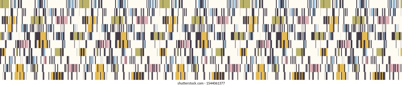 Spliced Plaid Check Grid Variegated Border Background. Seamless Pattern with Woven Dye Broken Lines. Mid Century Modern  Banner Edge. Trendy Digital Disrupted Glitch  Ribbon Trim. Vector EPS10
