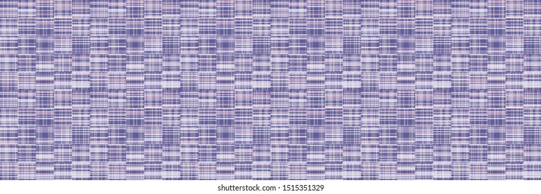 Spliced stripe geometric gingham variegated border background. Seamless pattern check criss cross bleached resist. Ribbon trim edge. Trendy broken digital disrupted line. Purple woven dye color
