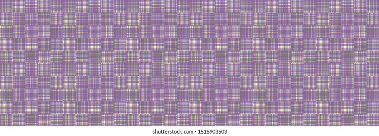 Spliced stripe geometric gingham variegated border background. Seamless pattern check criss cross bleached resist. Trendy broken stripe digital disrupted line ribbon trim. Purple woven dye color
