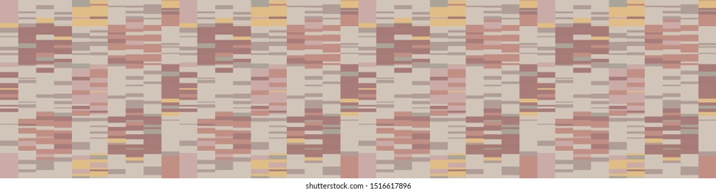Spliced stripe geometric variegated border background. Seamless pattern with woven dye broken stripe. Homespun geometric blend. Trendy digital disrupted glitch ribbon trim edge.  Muted spice color
