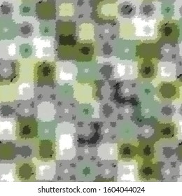 Spliced vector blurred grid texture. Variegated green mottled distressed background. Seamless imperfect pattern. Modern distorted all over print. Surface fashion disrupted glitch repeat