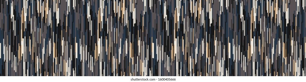 Spliced vector border stripe. Geometric variegated banner background. Seamless boho ikat pattern with woven broken lines. Modern distorted pixel textile ribbon trim. Trendy digital disrupted glitch.