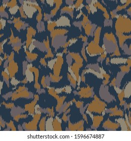 Spliced vector camouflage spots texture.  Variegated animal skin background. Seamless camo ikat pattern. Modern distorted mottled textile all over print. Military fashion disrupted glitch tile repeat.