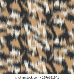 Spliced vector camouflage spots texture. Variegated animal skin background. Seamless camo ikat pattern. Modern distorted mottled textile all over print. Cat leopard fashion disrupted tile repeat.