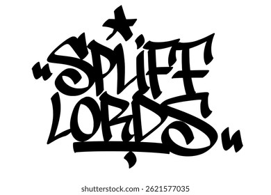 Etiqueta de graffiti "Spliff Lords" en estilo atrevido de arte callejero. Cartas dibujadas a mano con un ambiente urbano y rebelde, perfecto para la cultura cannábica, temas stoner, hip-hop y diseños de streetwear.