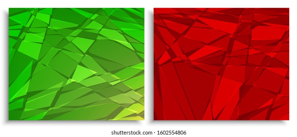 Splinters. Broken glass dark red and green bg. Destruction, explosion, cracked surface vector illustrations set. Abstract geometric backgrounds for business, advertisements and party poster or banner.