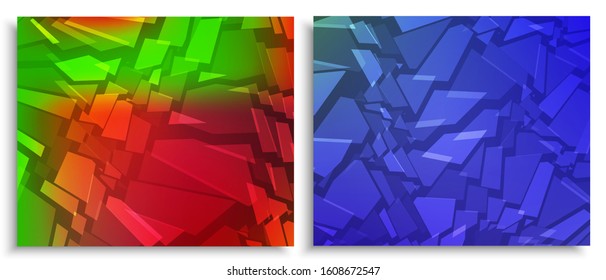 Splinters. Broken glass dark red and blue bg. Destruction, explosion, cracked surface vector illustrations set. Abstract geometric backgrounds for business, advertisements and party poster or banner.