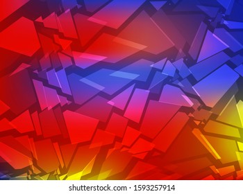 Splinters. Broken glass yellow, red and blue vector bg. Destruction, explosion, cracked surface illustration. Abstract geometric 3d background for business, advertisements and party posters or banners