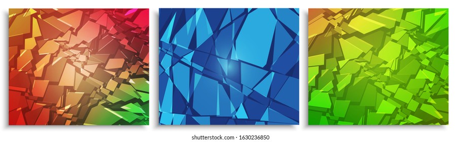 Splinters. Broken red, blue and green glass. Destruction, explosion, cracked surface vector illustrations set. Abstract geometric backgrounds for business, advertisements and party poster or banner.
