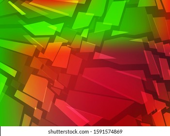 Splinters. Chaotic pattern with colorful pieces. Red and green decorative background with glass or stone scattered fragments. Modern vector illustration for business, wrapping paper, textile print.