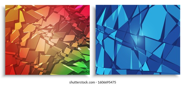 Splinters. Chaotic Pattern With Colorful Pieces. Red And Blue Backgrounds With Glass Or Stone Scattered Fragments. Modern Vector Illustrations Collection For Business, Wrapping Paper, Textile Print