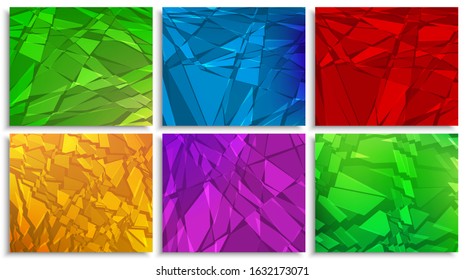 Splinters. Chaotic patterns, colorful pieces. Multi colored decorative backgrounds with glass or stone scattered fragments. Modern vector illustrations set for business, wrapping paper, textile print.