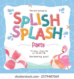 Splish splash party clipart invitation card. Splish splash text clip art with beach graphic elements in blue abstract background vector illustration.
