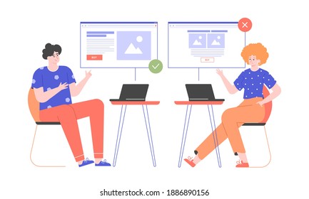 Split AB testing landing page conversion. Characters sit at different laptops and look at the design of the website. Vector flat illustration.