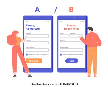 Split AB testing the registration form in the mobile application. Characters stand next to smartphones with different designs. Vector flat illustration.