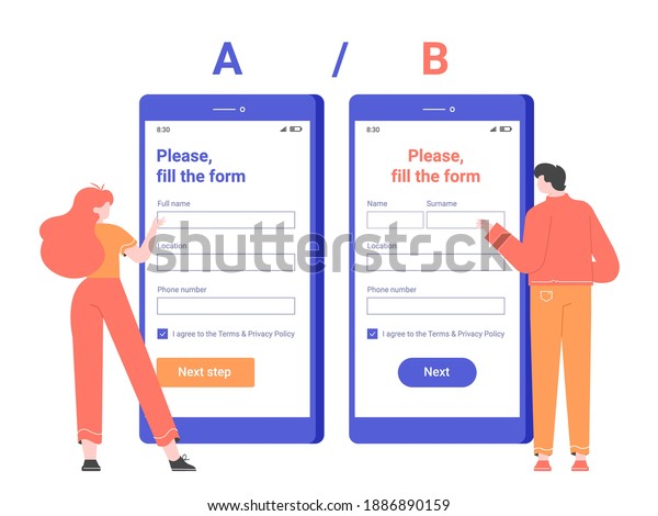 Split AB testing the registration form\
in the mobile application. Characters stand next to smartphones\
with different designs. Vector flat\
illustration.