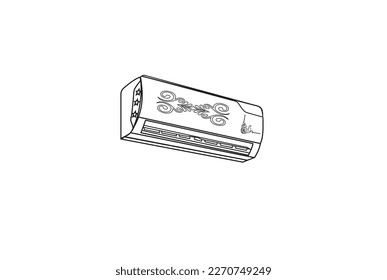 Split ac icon in isometric style vector. Air Conditioner Icon Design. Sketch drawing of AC in beautiful interior room, line art vector. white background.