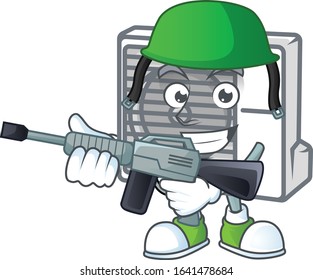 Split air conditioner mascot design in an Army uniform with machine gun