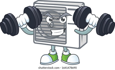 Split air conditioner mascot icon on fitness exercise trying barbells