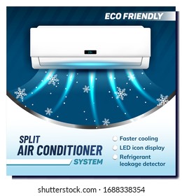 Split Air Conditioner System Promo Banner Vector. Air Condition Eco Friendly Device. Faster Cooling, Led Icon Display, Refrigerant Leakage Detector. Climate Technology Mockup Realistic 3d Illustration