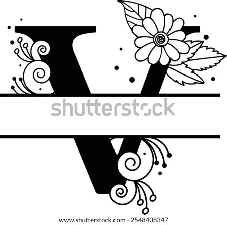 Split Alphabet Black and White Floral Monogram, Botanical 