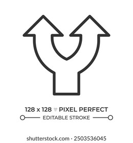 Split arrow linear icon. Arrow branching upwards. Representing decision-making, choice and options. Diverging path. Thin line illustration. Contour symbol. Vector outline drawing. Editable stroke