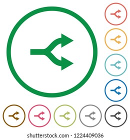 Split arrows flat color icons in round outlines on white background