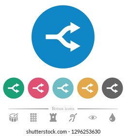 Split arrows flat white icons on round color backgrounds. 6 bonus icons included.