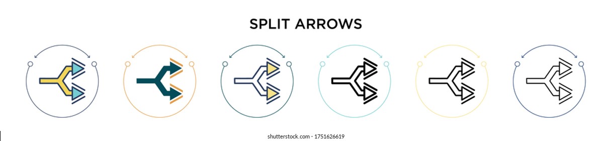 Split arrows icon in filled, thin line, outline and stroke style. Vector illustration of two colored and black split arrows vector icons designs can be used for mobile, ui, web