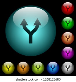 Split arrows up icons in color illuminated spherical glass buttons on black background. Can be used to black or dark templates