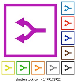 Split arrows left flat color icons in square frames on white background