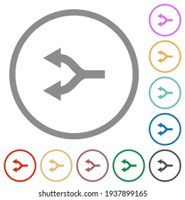 Split arrows left flat color icons in round outlines on white background