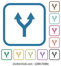 Split arrows up simple icons in color rounded square frames on white background