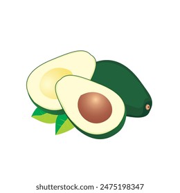 aguacate partido y un aguacate entero con dos hojas