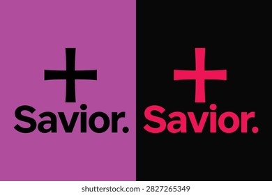 Split background, with savior text, and plus symbols, in purple, black, and pink
