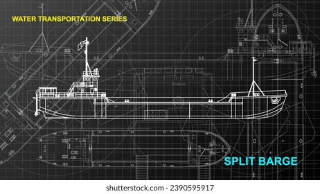 Split Barge model. Line art sketch wallpaper of water transportation series. Drafting art. Grid lines drawing against dark background. 