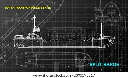 Split Barge model. Line art sketch wallpaper of water transportation series. Drafting art. Grid lines drawing against dark background. 