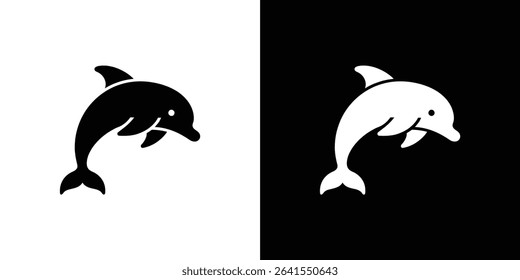 A split black and white background featuring a dolphin silhouette. The left side shows a black dolphin on white, while the right shows a white dolphin on black.
