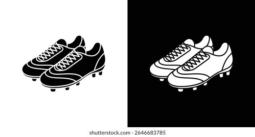 Um gráfico vetorial preto e branco dividido retrata um par de chuteiras de futebol, mostrando as cores contrastantes em um plano de fundo dividido adequado para temas esportivos.