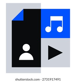 A split black-and-blue file icon combining a user profile silhouette, music note, and play button, symbolizing a personal media file, user-generated audio and video content, profile-linked playlist, or 'my music and video' document