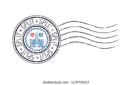 Split city grunge postal rubber stamp and flag on white background