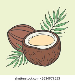 Noix de coco fendu à la chair blanche crème et aux feuilles de palmier vertes qui l'entourent. L'arrière-plan est un vert pastel doux, rehaussant la sensation tropicale