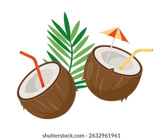 Split coconut with straw and umbrella. Cut fresh coconuts with straw and palm leaf. Summer exptic fruit cocktail for healthy lifestyle. Vector illustration isolated on white background.