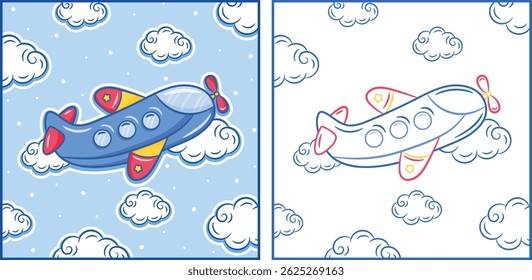 split color guided coloring and drawing page for kids with cartoon airplane and clouds in easy sketch style